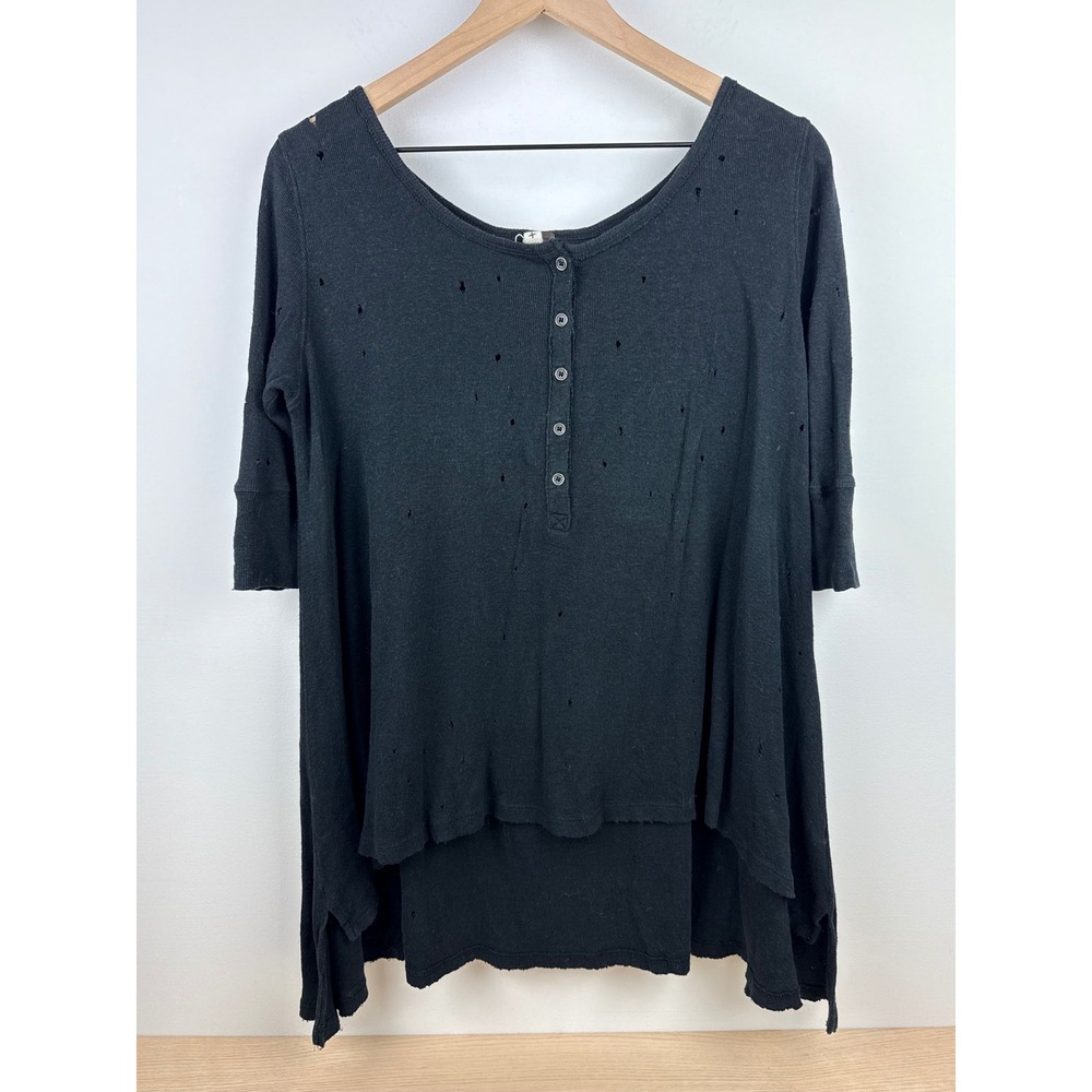 Free People Black Distressed‎ Open Knit High Low Tunic Shirt Womens Small